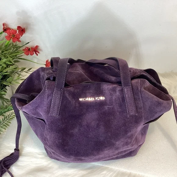 MICHAEL KORS ASHBURY HIPPIE BOHO SLOUCHY RAW SUEDE LEATHER HANDBAG VIOLET - Picture 7 of 15